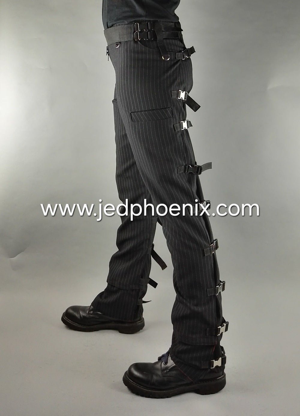 Pinstripe bondage trousers