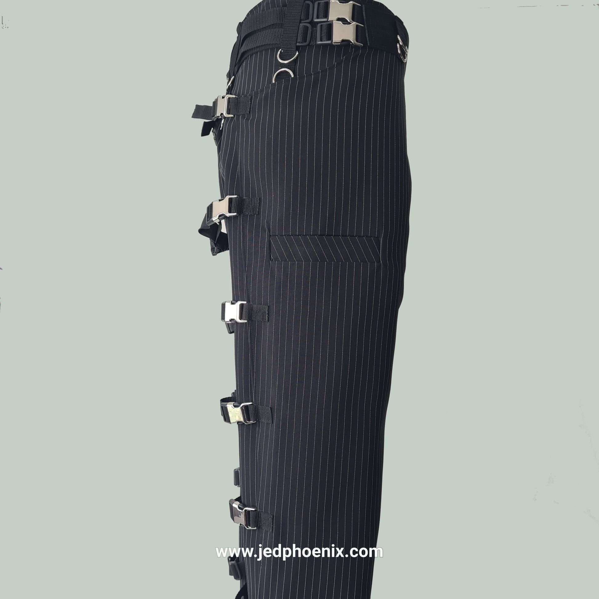 Pinstripe bondage trousers