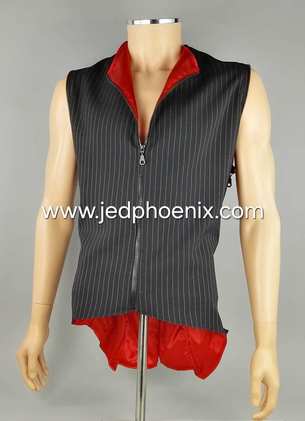 The pinstripe bondage jacket can be worn without the zip off sleeves