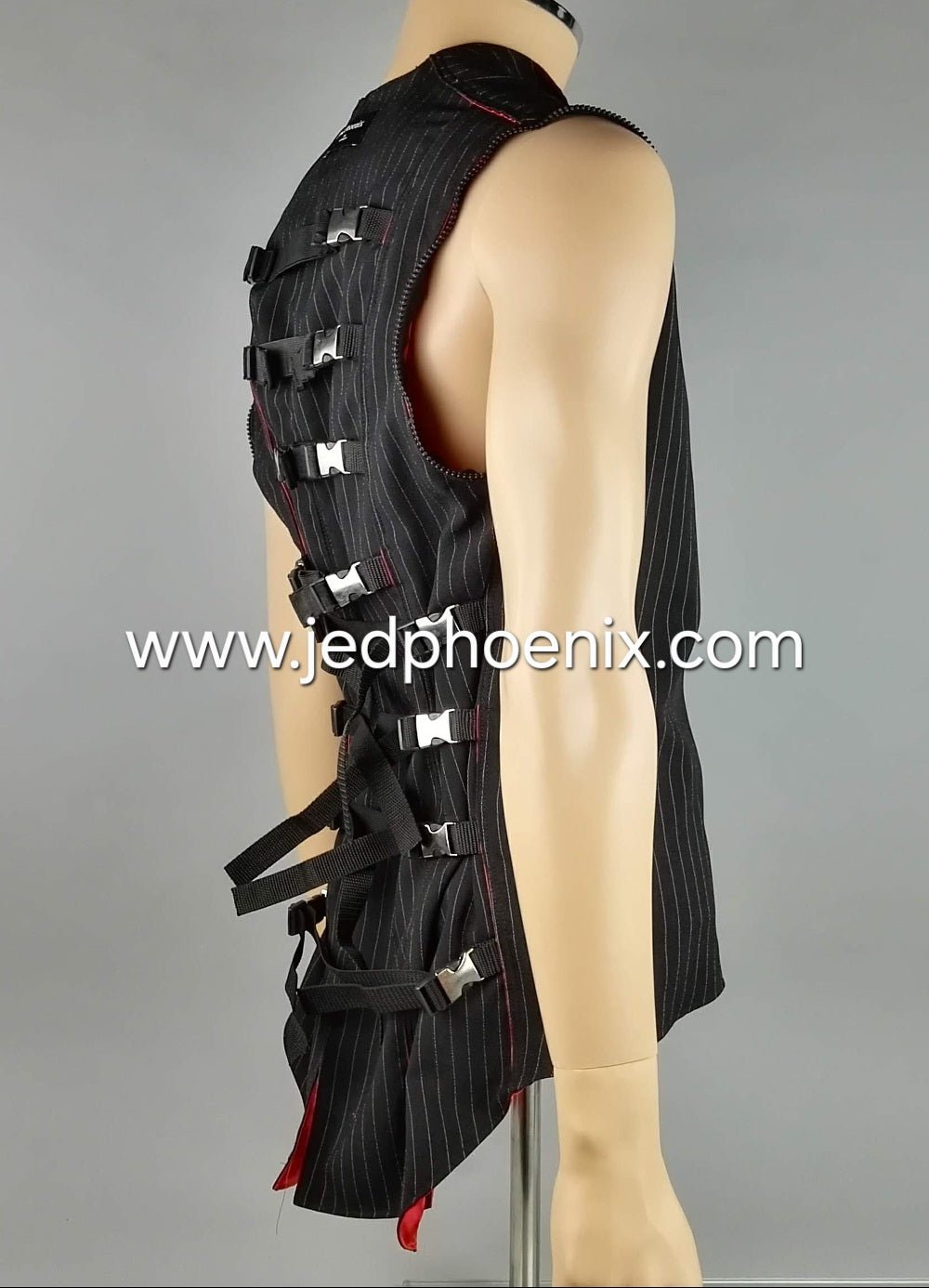 Both sleeves can be unzipped from this pinstripe bondage jacket to create a more casual look