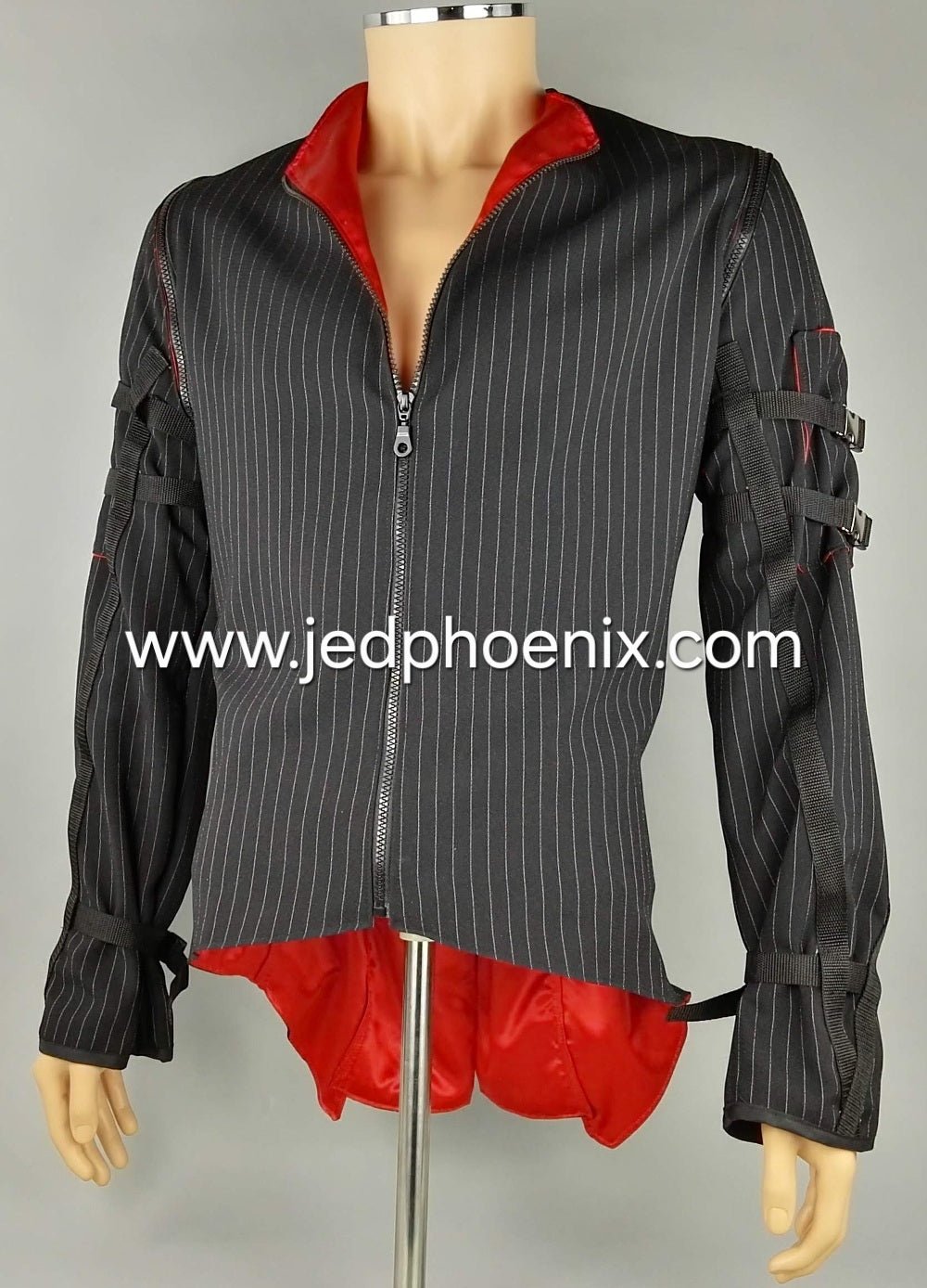 There is a zip at the front of the pinstripe bondage jacket which can be left undone mid chest to create red lining detail