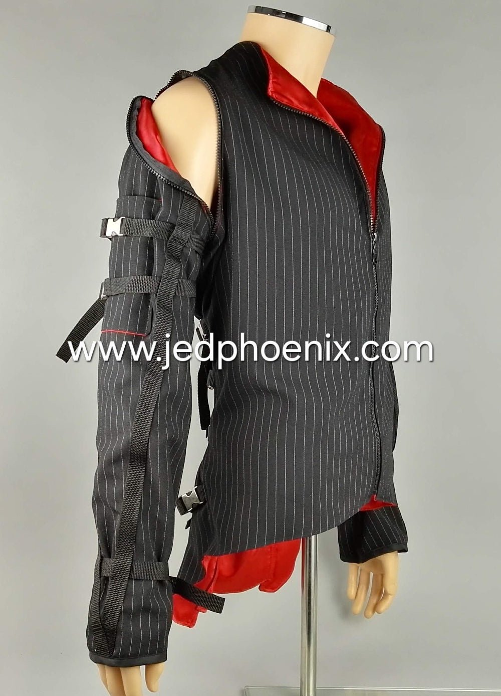 Pinstripe bondage jacket with red lining and sleeves that can be zipped off. There is a pocket on each upper arm