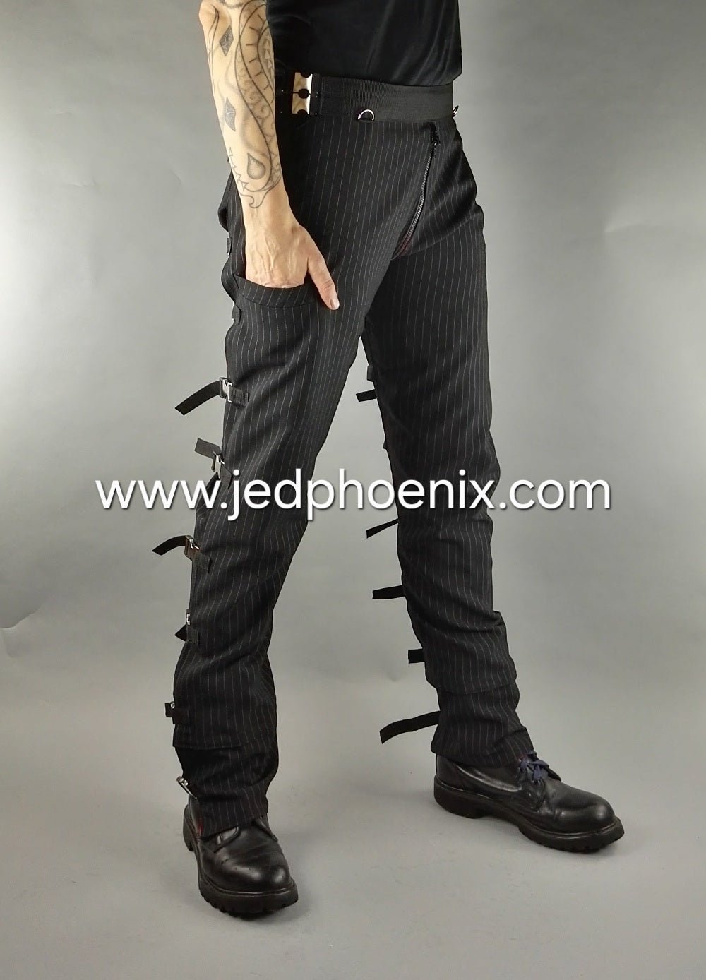 Pinstripe bondage trousers