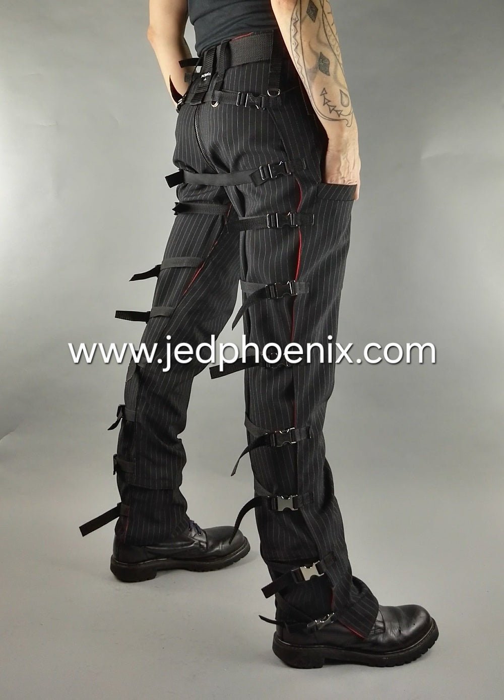 Pinstripe bondage trousers